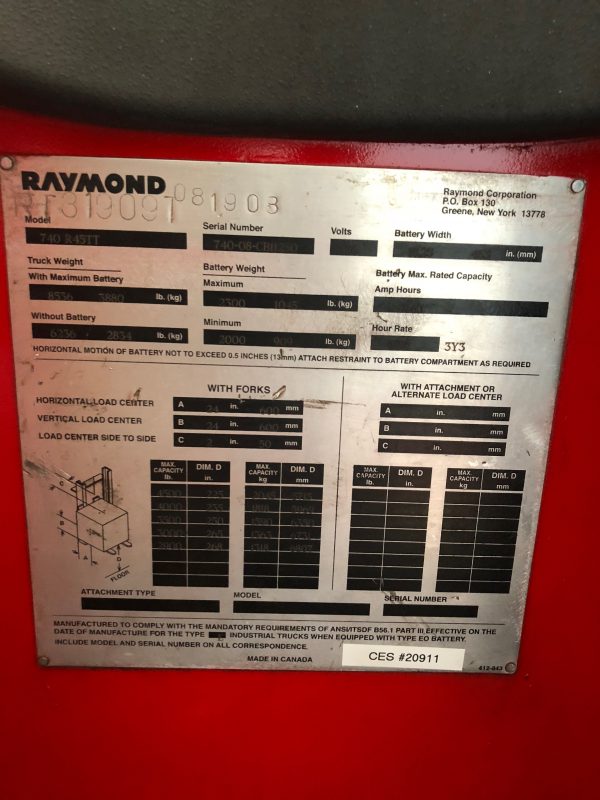 CES #20911 Raymond 740-R45TT Reach Forklift