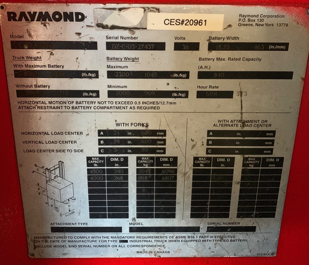 CES 20961 Raymond EASI R45TT Reach Forklift
